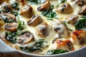 Creamy Chicken Casserole With Spinach, Mushrooms, And Melted Mozzarella Recipe
