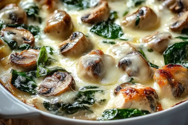 Creamy Chicken Casserole With Spinach, Mushrooms, And Melted Mozzarella Recipe