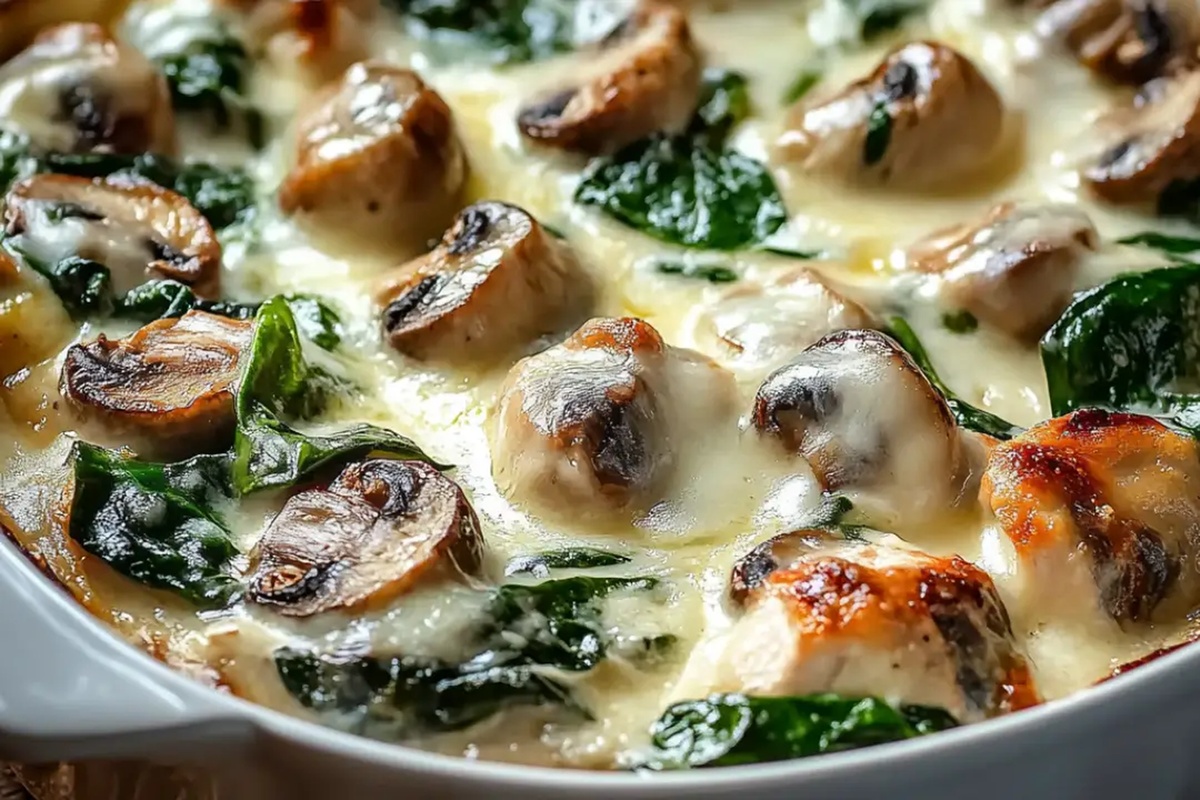 Creamy Chicken Casserole With Spinach, Mushrooms, And Melted Mozzarella Recipe