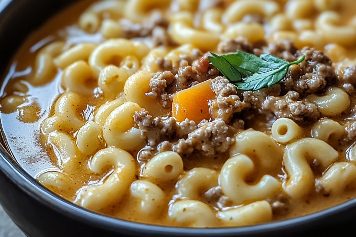 4-Ingredient One-Pot Macaroni Cheeseburger Soup Recipe