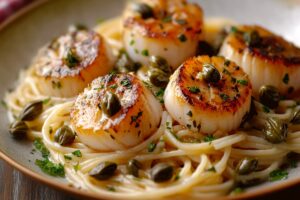 Scallop Spaghetti In Creamy White Butter Garlic Sauce With Capers Recipe