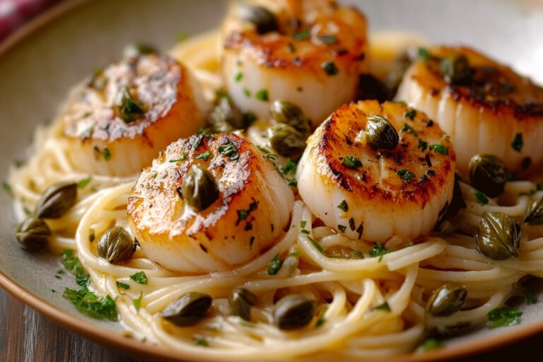 Scallop Spaghetti In Creamy White Butter Garlic Sauce With Capers Recipe