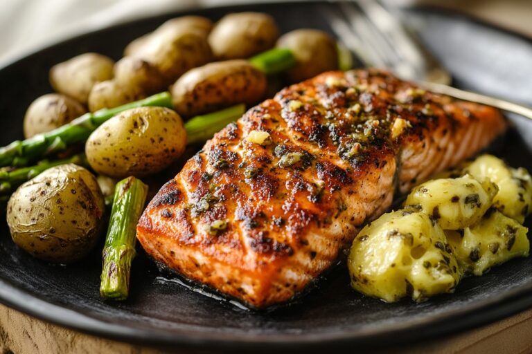 Spiced Salmon With Cheesy Asparagus & Garlic Herb Potatoes Recipe