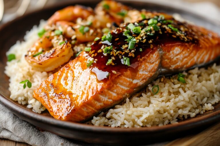 Honey Garlic Salmon & Shrimp Over Garlic Butter Rice Recipe