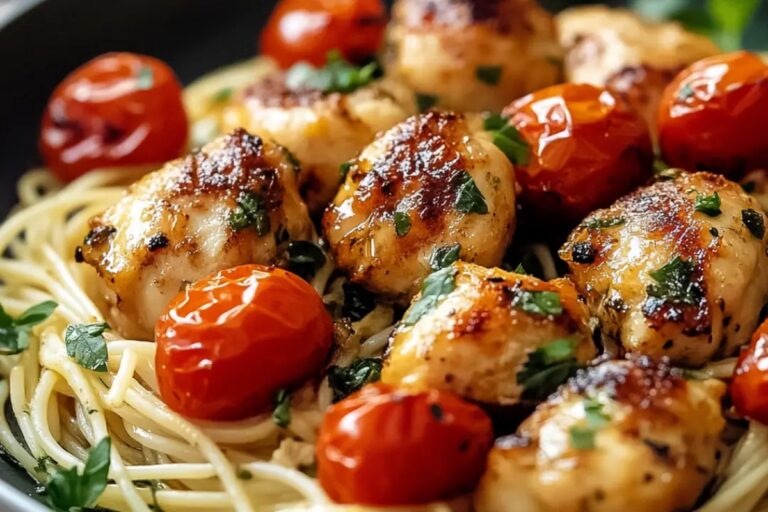 Garlic Butter Chicken Bites With Spaghetti Aglio E Olio And Blistered Tomato Recipe