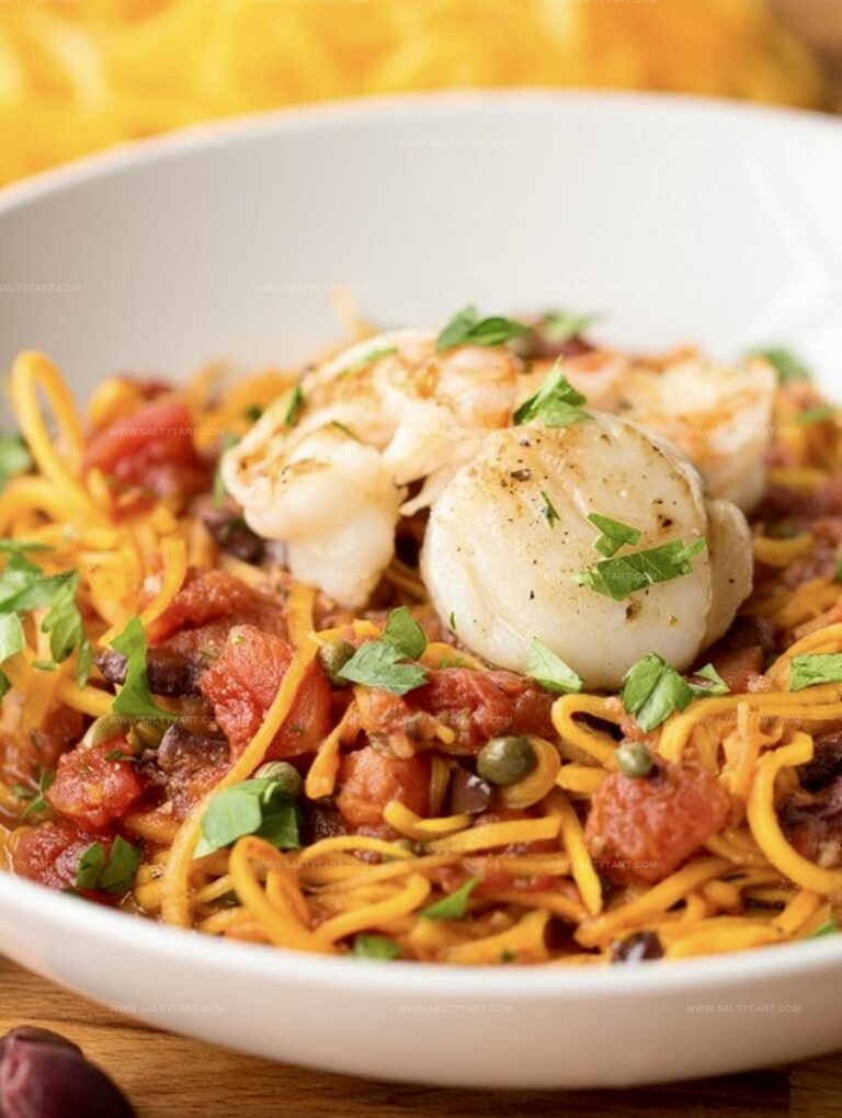 Diver Scallop And Shrimp Puttanesca With Butternut Squash Noodles Recipe