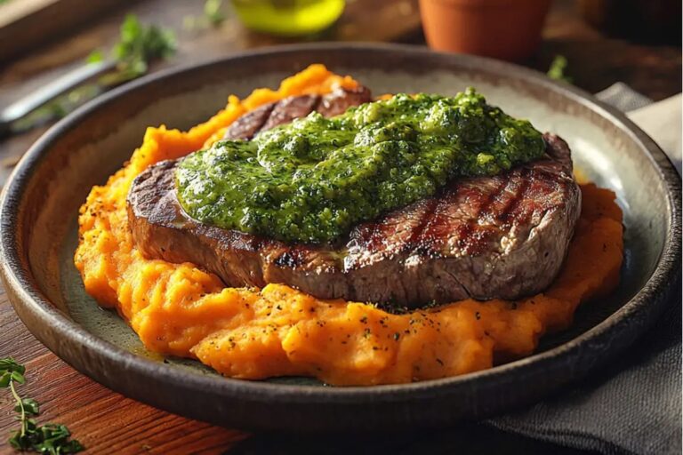 Steak With Green Sauce And Mashed Sweet Potatoes Recipe