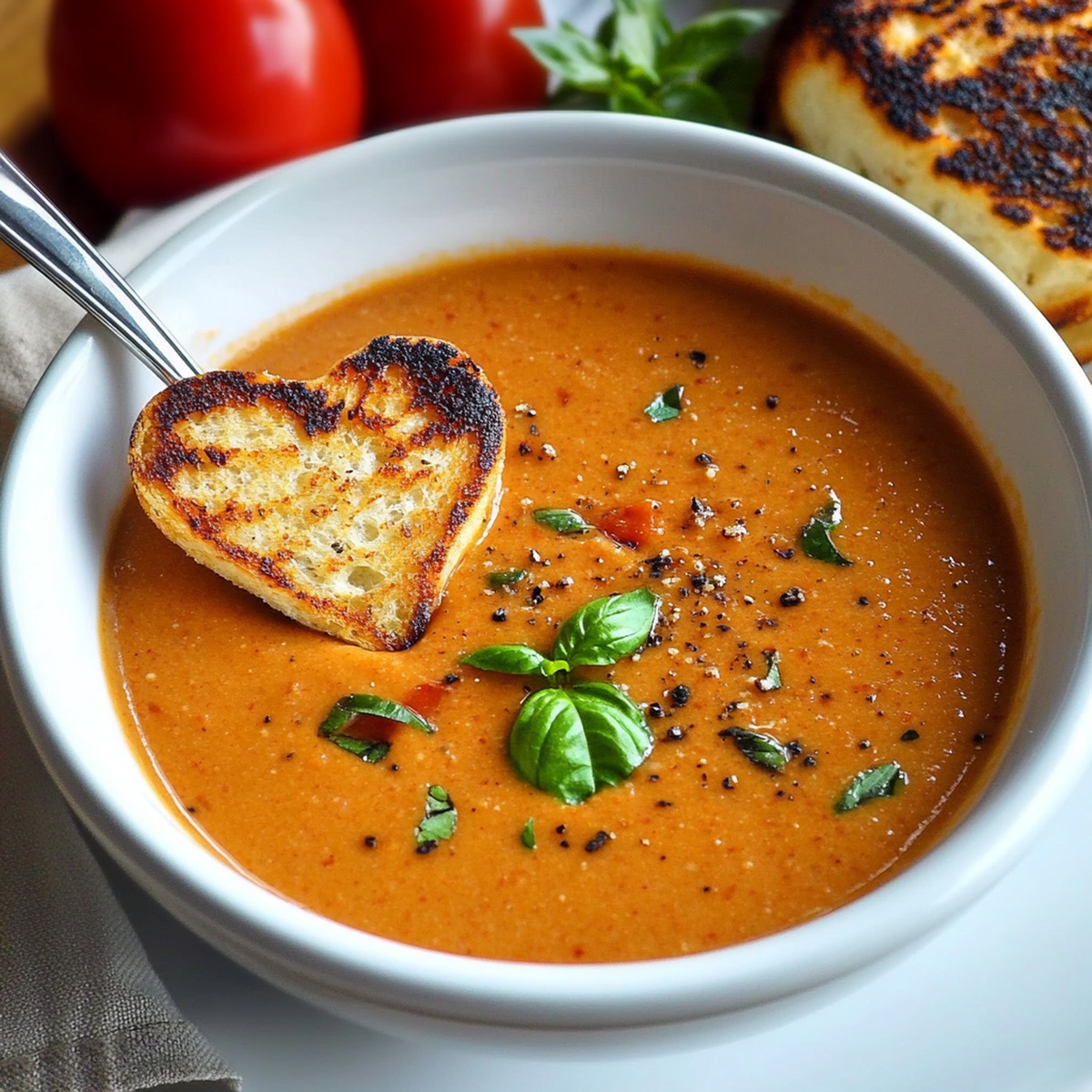 Creamy Tomato Basil Soup with Grilled Cheese Hearts Recipe