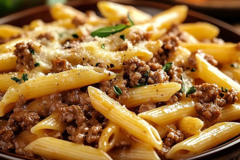 Cheesy Penne With Garlic Butter Ground Beef Recipe