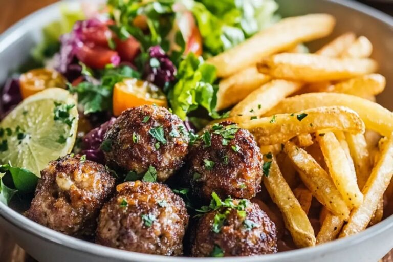 Meatballs, Crispy Fries, And Fresh Salad Recipe