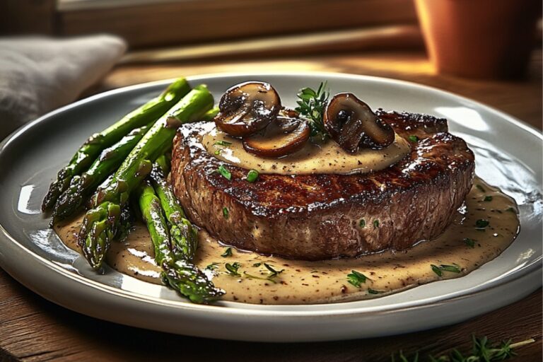 Steak With Creamy Mushroom Sauce & Asparagus Recipe