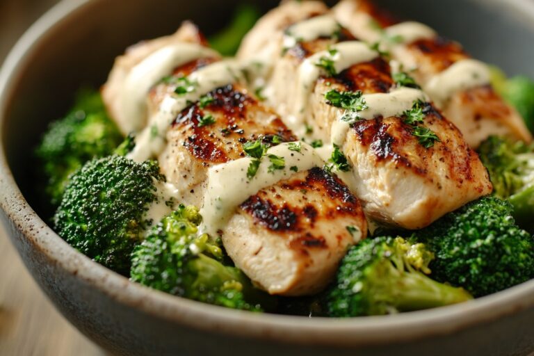 Grilled Chicken & Roasted Broccoli Bowls With Creamy Garlic Sauce Recipe