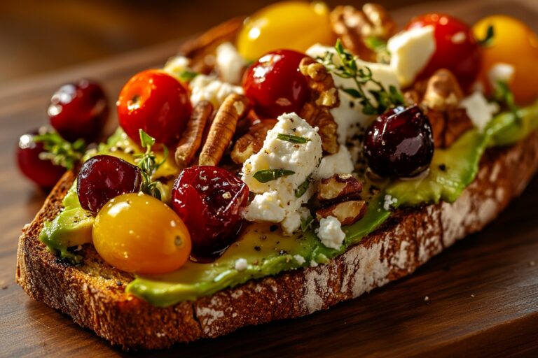 Avocado Toast With Feta Cheese, Cherry Tomatoes, Cranberries, And Walnuts Recipe