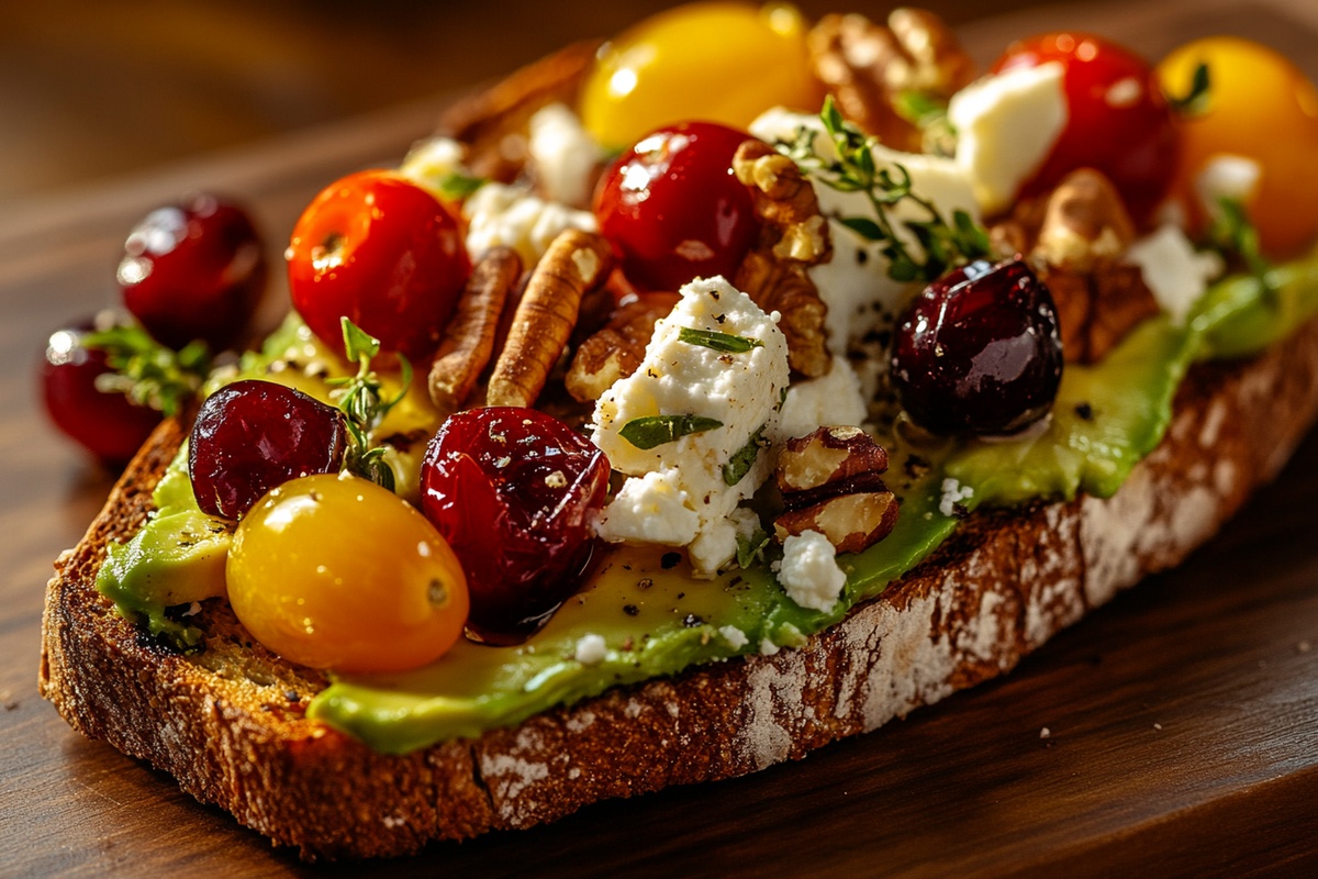 Avocado Toast With Feta Cheese, Cherry Tomatoes, Cranberries, And Walnuts Recipe
