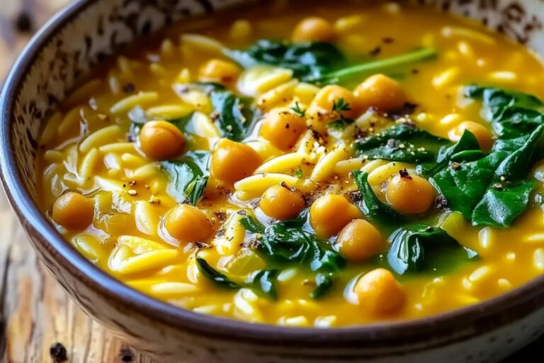 Turmeric Soup With Chickpeas, Orzo, And Spinach Recipe