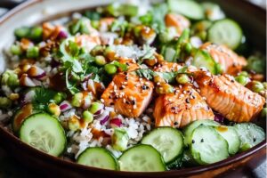 Crispy Rice Salmon Cucumber Salad With Creamy Asian Dressing Recipe