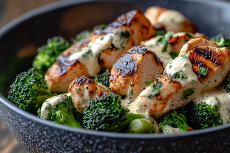 Grilled Chicken & Broccoli Bowls With Creamy Garlic Sauce Recipe