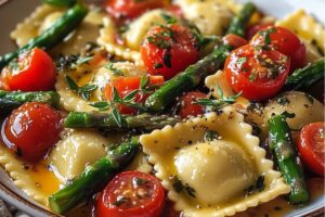 Ravioli With Tomatoes, Asparagus, Garlic, And Herbs Recipe