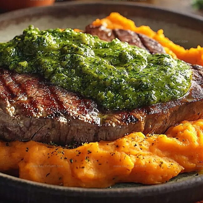 Steak with Green Sauce and Mashed Sweet Potatoes That Impress