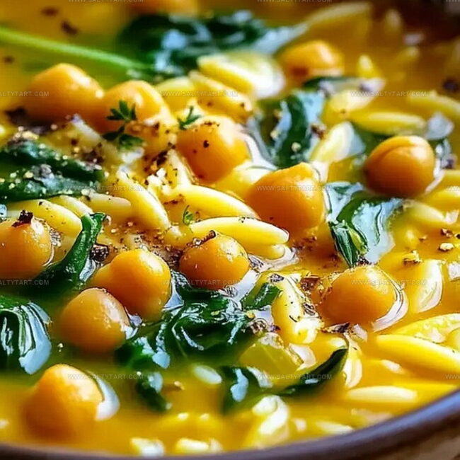 Turmeric Soup with Chickpeas, Orzo, and Spinach to Brighten Your Day